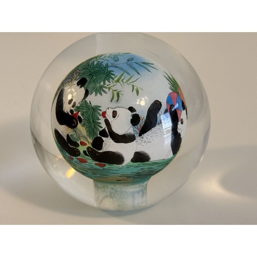 Chinese Glass‎ Ball Sphere Paperweight Reverse Hand Painted Pandas